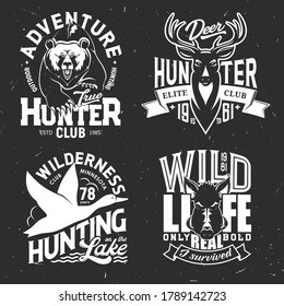 Deer, duck, bear and boar t-shirt print of hunting sport club vector mockup. Hunting animals and bird of wild grizzly, reindeer or moose, elk and hog grunge badges, hunter custom apparel with trophies