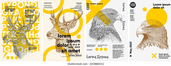 Deer  eagle  Wild animals  Engraving style  Typography posters design  Simple pencil drawing  Set flat vector illustrations  Print  banner  label  cover t  shirt 