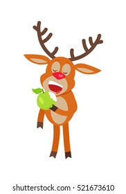 Deer eating apple cartoon. Cute horned reindeer standing with bitten green fruit in hand flat vector illustration isolated on white background. For healthy food, diet concepts, animal icon, web design