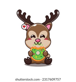 deer eating donut cartoon vector illustration.