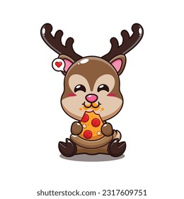 deer eating pizza cartoon vector illustration.