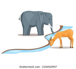 Venado y elefante en la ilustración de la caricatura de un agujero de agua. Un tierno antílope de dibujos animados y un gran obispo gris parado cerca de un claro río espumoso, bebiendo aislado en blanco. Concepto de vida silvestre, cambio climático