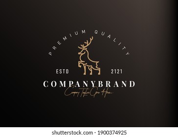 Deer elegant logo design inspiration. Vector illustration of a graceful forest deer with antlers in standing pose with legs raised. Modern vintage icon design template with line art style.