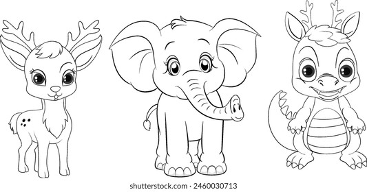 Deer, elephant, and dragon in playful poses