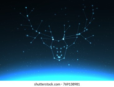 Deer and elk antlers constellation vector illustration. Elk in constellations and star on cosmos with Northern Lights. Starry elk or deer in deep dark sky with line and shiny dots and Earth light