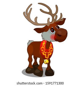 Deer, elk with a bell on his neck isolated on a white background. Vector cartoon close-up illustration