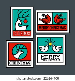 Deer, elk, cardinal bird and dove of peace with holly branch. Traditional symbols of Christmas