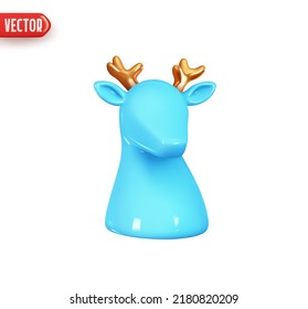 Deer and elk head. Festive winter Christmas decorative element. Realistic 3d design element In plastic cartoon style. Icon isolated on white background. Vector illustration