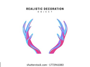 Deer and elk horns. 3d objects with gradient holographic color of hologram. Decorative design elements isolated on white background. vector illustration