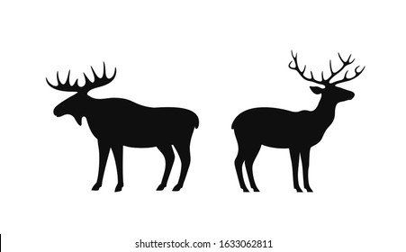 Deer and elk. Isolated deer on white background. Elk Silhouette