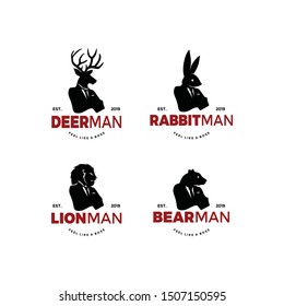 Deer Elk Lion Rabbit Bunny Bear Polar animal man bundle set worker man logo silhouette with head of elk moose head and human body. unique cool design. wear suit coat, tie like a boss.