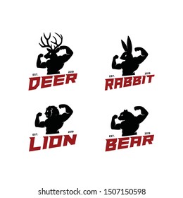 Deer Elk Lion Rabbit Bunny Bear Polar animal man fitness bundle set Logo vector. strong hand drawn look. unique fauna head human body. circus live. Icon for business company. outdoor, sport, cloth.