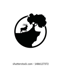 Deer elk moose with tree and rock climb hills logo vector. strong gentle look round vintage for icon profile photo adventure outdoor.