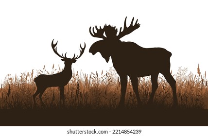 Deer and elk silhouette in the meadow. Vector illustration