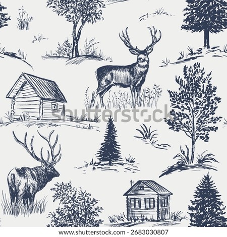 Deer and elk woodland seamless pattern. Vector illustration.
