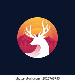 deer emblem logo with pine and mountain concept