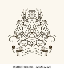 deer emblem logo template, with diamond and handshake emblem.