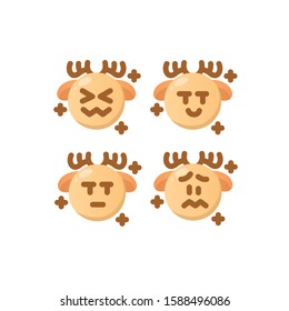Deer Emoticon Set, Embarrassing, Anxious, Bored & Malicious, Vector Illustrations.