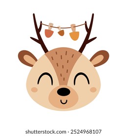 Deer face clipart. Cute deer head clipart. Autumn animal character. Hand drawn vector illustration in flat style	