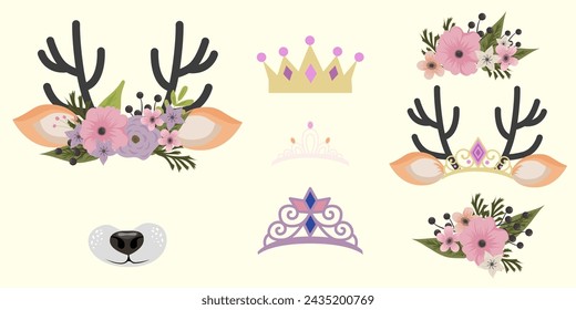 Deer face elements set cartoon flat design ears and noses vector illustration isolated. Reindeer mask filter with flower crown. Vector illustration