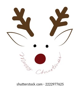deer faces with nose, horns and round eyes on white with text merry Christmas. Christmas or New Year card