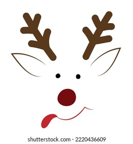 deer faces with nose, horns, tongue and round eyes on white. Christmas or New Year card