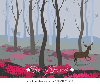 A deer in the fairy forest. Vector background for the design of cards, banners, web pages and other.