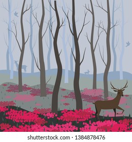 A deer in the fairy forest. Vector background for the design of cards, banners, web pages and other.