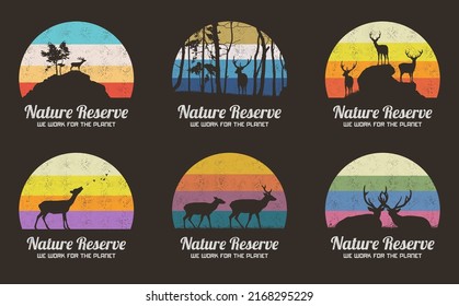  Deer family. Animal silhouette. Nature reserve. Retro t-shirt design