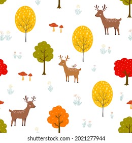 Deer family in autumn forest seamless pattern,cute cartoon animal wildlife on white background,vector illustration
