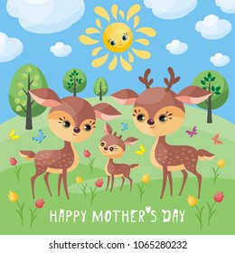 Deer family. Mother’s Day greeting card with cute animals and their cubs. Colorful vector illustration in cartoon style.