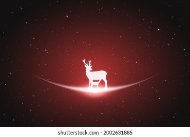 Deer family. Endangered animal silhouette. Starry sky, glowing outline