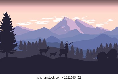 Deer Family Enjoying The Mountain Lanscape