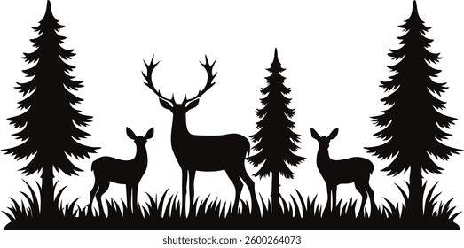 Deer Family in Forest Silhouette with Tall Pines - Nature and Wildlife Vector Artwork