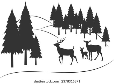 Deer family in the forest, vector illustration