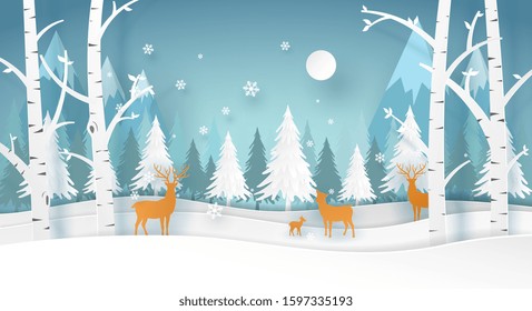 Deer family  in the forest in winter season with white tree and snow. Christmas card in vector paper art.