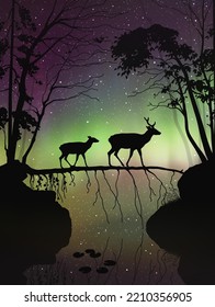 Deer family in misty forest. Animals walk on fallen tree. Polar lights