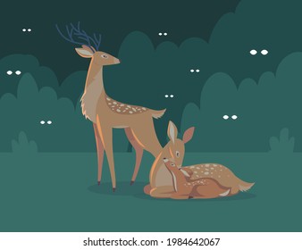 Deer family at night cartoon illustration. Male deer looking around cautiously, female and baby lying on grass. Eyes of predators hiding in bushes. Wildlife concept for website design or landing page