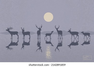 Deer Family On Frozen Lake. Animal Herd Silhouette. Full Moon At Night