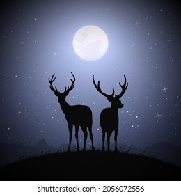 Deer family on hill. Animal silhouettes. Full moon at starry night