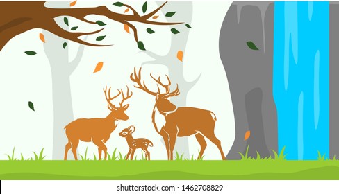 Deer Family on the jungle with beautiful nature flat designs background.