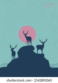 Deer family on rocks. Animal silhouettes. Full moon at starry night