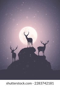 Deer family on rocks. Animal silhouettes. Full moon at starry night