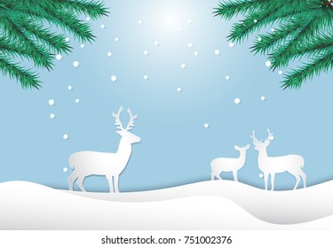 Deer family with pine and snow. The tranquility of nature life,  paper art style illustration.