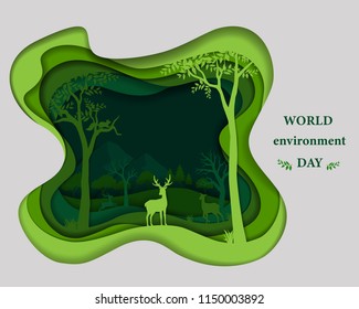 Deer family silhouette on green paper cut shape abstract background,save nature and environment conservation concept with forest wilderness landscape