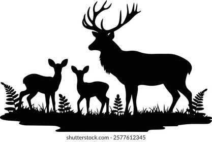 Deer family silhouette vector with nature elements showcasing wildlife scenery