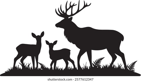 Deer family silhouette vector with nature elements showcasing wildlife scenery