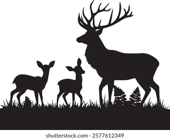 Deer family silhouette vector with nature elements showcasing wildlife scenery