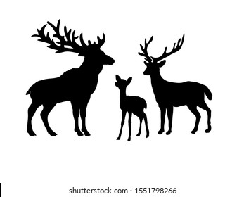 Deer Family. Silhouettes Of Animals. Vector Illustrator