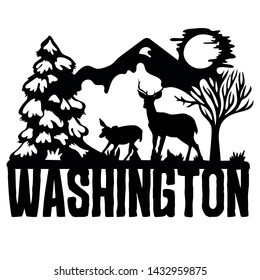 Deer family in the snowy moonlit evening, snow-covered mountains and trees, and moon, with Washington state name.